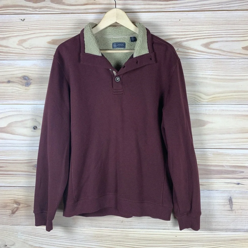 Arrow Sweater Men Medium Henley Button Sherpa Collar Fleece Soft Pullover Maroon